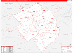 Blacksburg-Christiansburg-Radford Metro Area Wall Map Red Line Style 2024